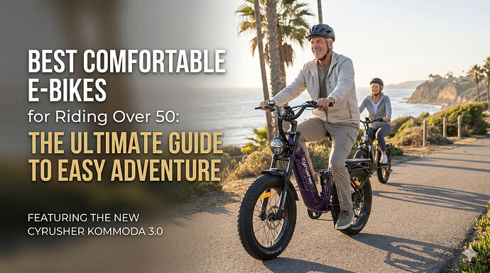 A senior man and woman smiling and riding Cyrusher Kommoda 3.0 step-through electric fat tire bikes effortlessly along a scenic coastal path at golden hour.